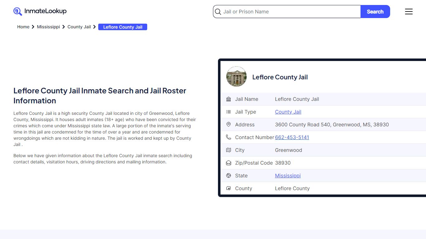 Leflore County Jail Inmate Search and Jail Roster Information